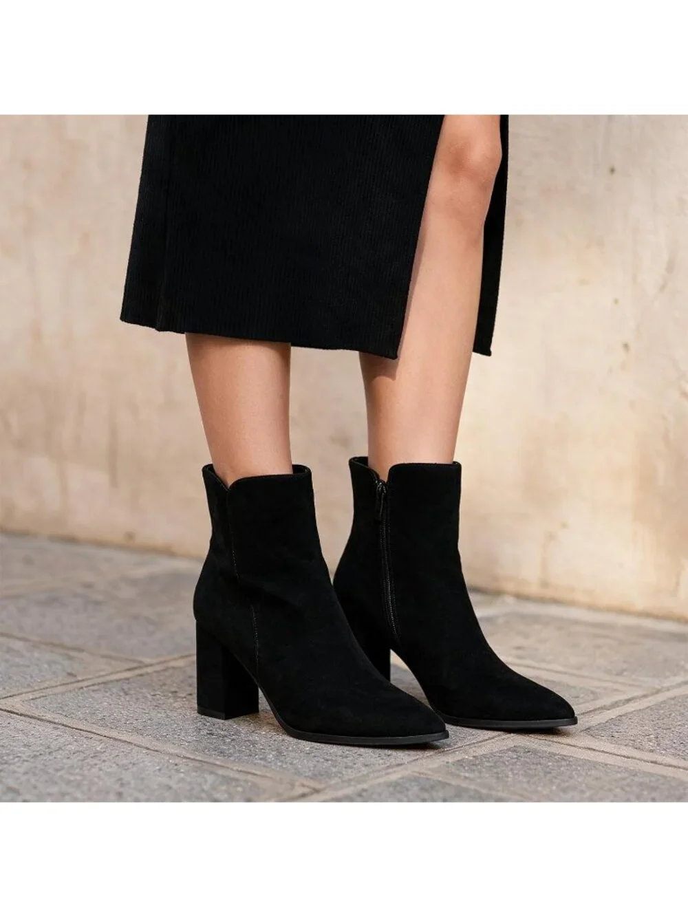 Women's Black Suede Block Heel With Side Zipper Chunky High Heel Ankle Boot